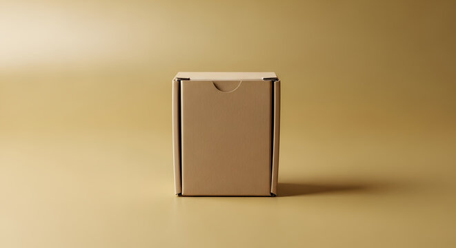 A simple, closed cardboard box sits centered against a neutral, light brown backdrop, conveying a sense of minimalist packaging and storage