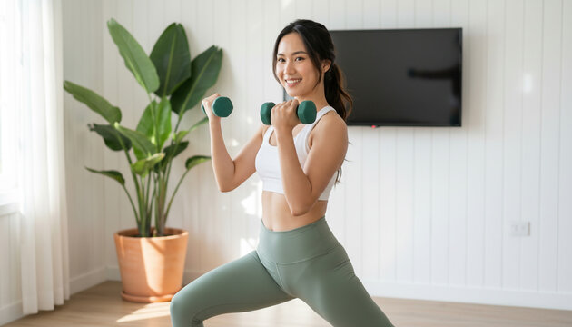 Fit asian woman performing lunge exercise with hand weights at home in bright natural lighting