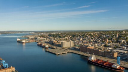 Fototapeta premium Wide aerial panorama of a harbor city with large cargo ships and industrial docks along the waterfront