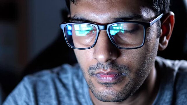 Man with Glasses Reflecting Computer Screen