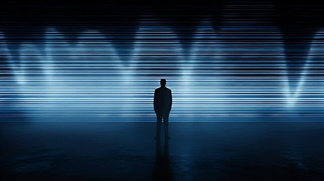 Silhouette person standing before dynamic waveform graphic abstract background