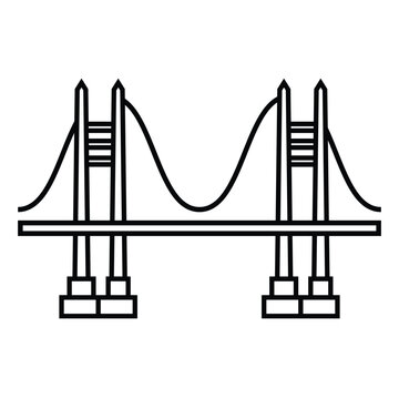 Black and white minimalist suspension bridge line art icon, industrial engineering bridge outline vector, modern architectural bridge construction symbol