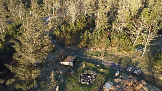 High angle aerial view of a group of friends gathering around a campfire at a campsite in a lush pine forest in Jylland, Denmark, enjoying outdoor activities