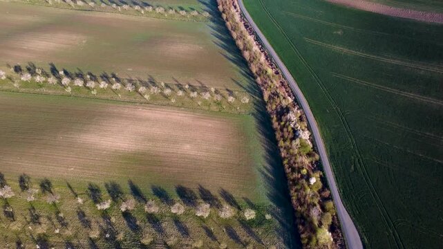 High-angle tracking forward shot over a dormant brown meadow featuring a meandering river, a small stream, and patches of melting snow in bright sunny daylight. High quality 4k aerial footage.