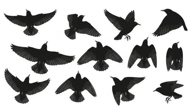 European starling flying silhouette set with different wing positions bird flight collection isolated on white