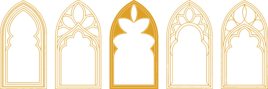 Set of five golden gothic window frames