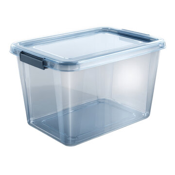 Large clear plastic storage bin with blue lid on gray surface isolated on transparent background