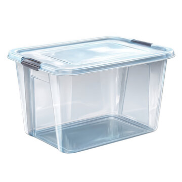 Clear plastic storage bin with lid on gray surface isolated on transparent background