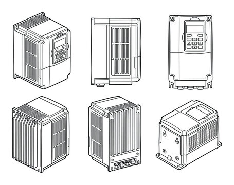 Black and white vector line art illustrations of industrial variable frequency drives from multiple views.