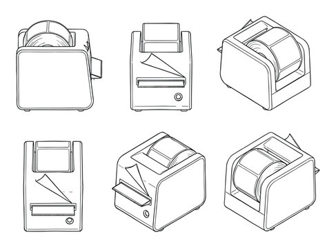 Black and white vector illustrations of label printer devices in multiple isometric and orthogonal views.