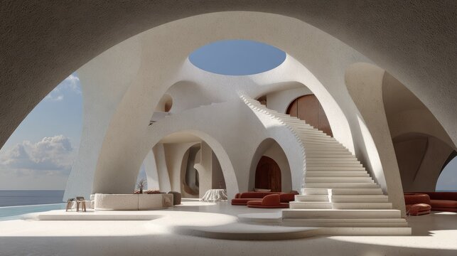 Expansive contemporary dwelling features dramatic curved architecture overlooking a vast ocean vista