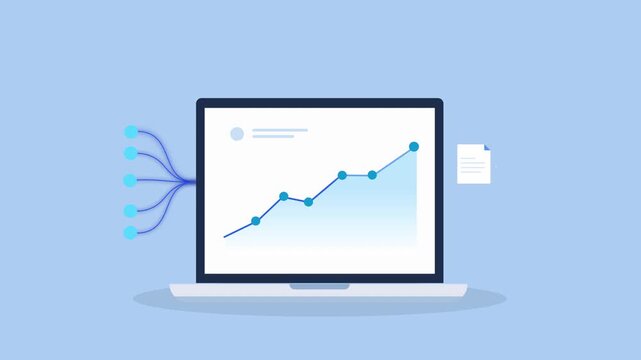 Minimal flat animation of a laptop displaying a rising data chart with incoming data lines and a document icon, representing analytics, file processing, and digital performance growth.