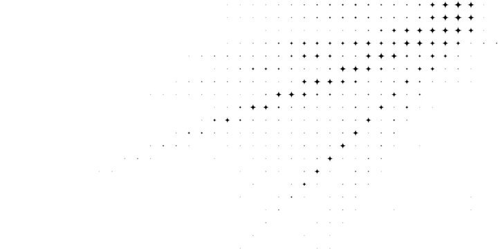 Black halftone dot pattern with star shaped gradient points on a white background. 