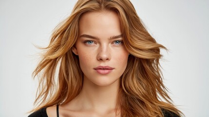 Fototapeta premium Close up portrait of young woman with natural makeup and flowing hair against light background, ideal for beauty advertising and skincare branding.