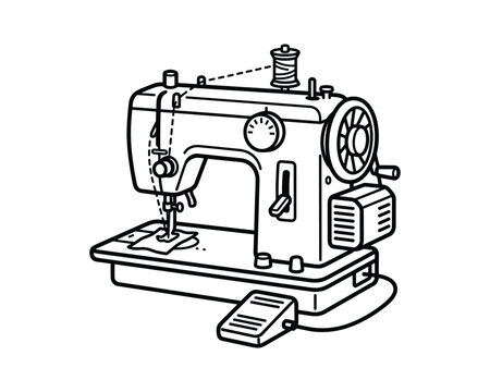 Black outline illustration of a sewing machine with a thread spool and foot pedal.