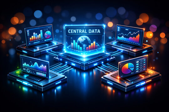 Central data hub with connected digital analytics screens