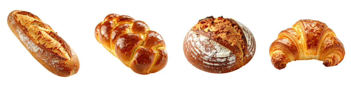 Fresh assorted bread loaves including baguette braided challah rustic sourdough and flaky croissant