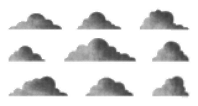 Collection of nine halftone shapes in black and white dot patterns for graphic design.