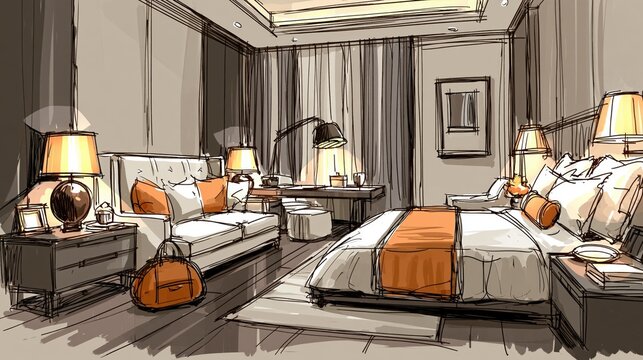 Cozy modern hotel bedroom illustration with warm lighting, stylish furniture, and orange accents, perfect for interior design marketing and web banners.