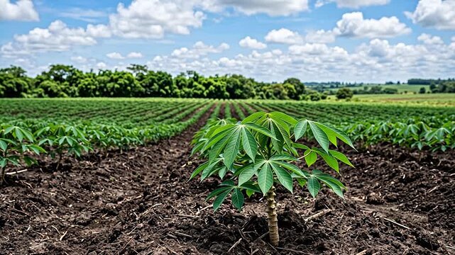 Cassava plants in a cultivated field ideal for travel vlogs and eco-friendly campaigns