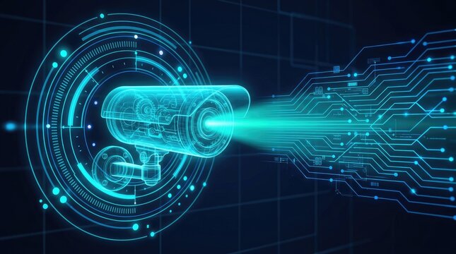 Digital CCTV camera transmits secure data through a futuristic circuit board network