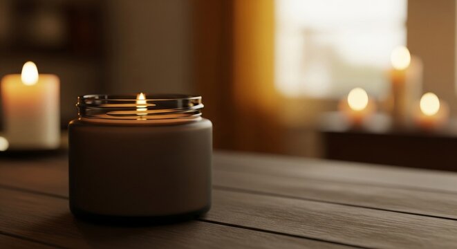 Lit Candle on Wooden Table with Warm Light and Blurred Background