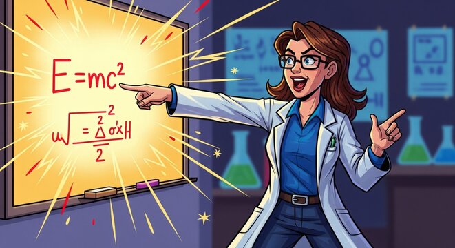 Excited Woman Explaining Physics Formula on Whiteboard in Bright Room