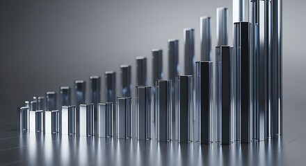 Obraz premium Modern 3D Business Bar Graph with Reflective Metallic Pillars Showing Upward Growth and Financial Success Trend
