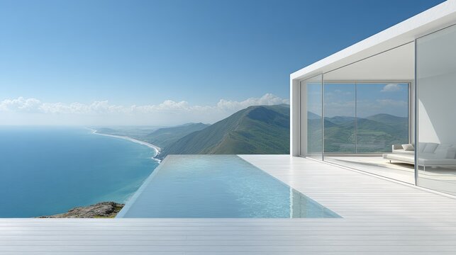 Modern architectural residence features an infinity edge swimming pool overlooking a coastal mountain range.