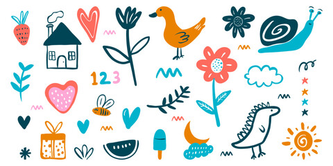 Cute hand-drawn children doodle set. vector illustration featuring playful animals, nature elements, house, and abstract shapes. © ngupakarti