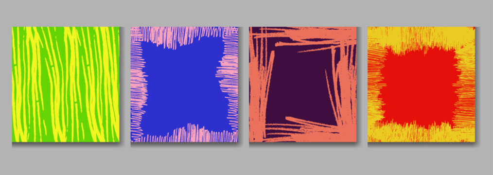 A set of four colorful abstract paintings on a gray background with vibrant green yellow blue and red brushstrokes