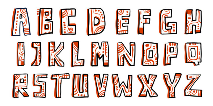 Children drawing font typography elements set. Ethnic motif pattern typeface vector illustration.