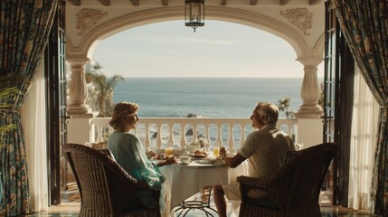 Obraz premium Senior couple enjoying breakfast on luxury hotel balcony with ocean view and warm morning light, perfect for travel lifestyle and retirement concepts.