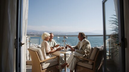Obraz premium Senior friends enjoying drinks on a sunny seaside balcony terrace with ocean view and relaxed conversation, framed by open doors and bright natural light.