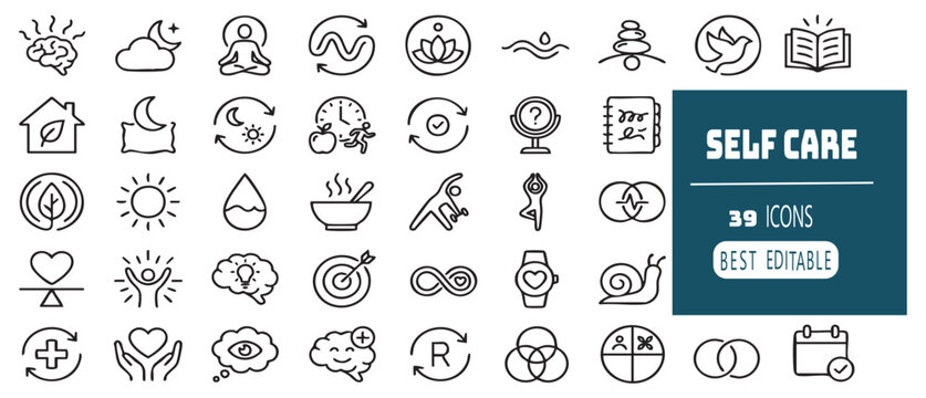 Collection of diverse line art icons representing self care concepts and activities for wellbeing