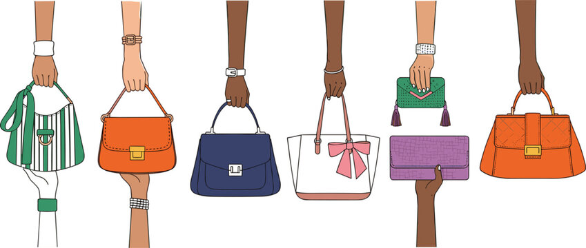 Women holding stylish handbags illustration, fashion accessories collection with diverse bags and hands, modern shopping and luxury style concept isolated on white background