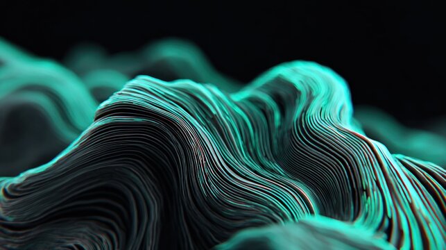 Detailed  reveals undulating abstract forms illuminated by bright cyan light against a dark background.