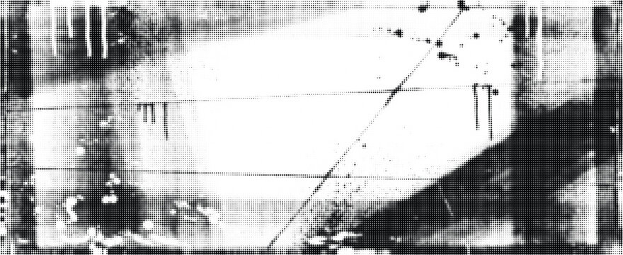 Halftone abstract black and white dot pattern with grunge texture and intersecting lines.