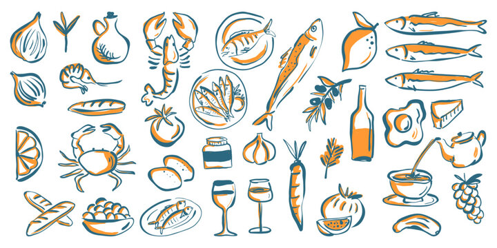 Hand drawn Mediterranean seafood and fresh food doodle icon collection. Italian food menu drawing collection.