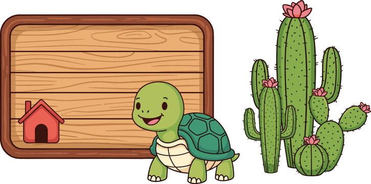 Cute turtle with wooden sign board small dog house and cactus plants cartoon vector illustration set isolated on white background
