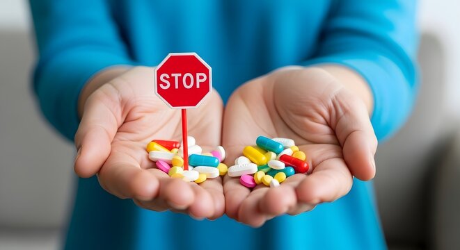 Stop medication a hand holds a stop sign over a pile of colorful pills