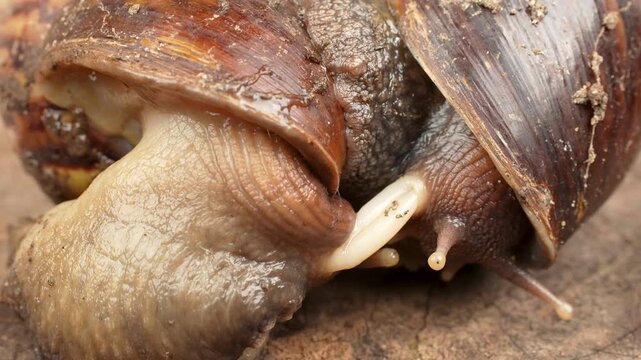 Extreme macro shot detailing two snails mating, showing their distinct white reproductive organs in nature.