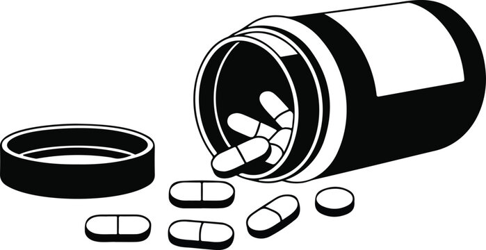 Minimal pharmaceutical pill bottle illustration set with open cap and spilled tablets in bold monochrome medical outline design