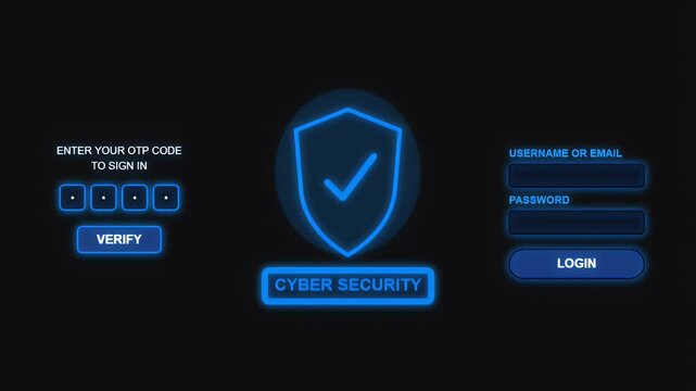 Futuristic cyber security interface showing login fields and otp verification with a glowing blue shield icon.