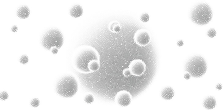 Halftone dot pattern with abstract shapes and textured circles, black and white illustration.