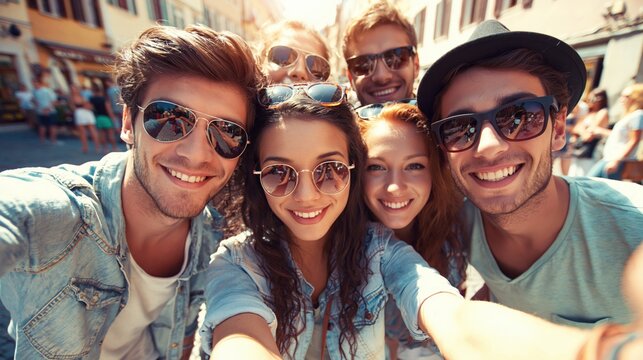 Happy young friends taking selfie together outdoors in sunny city street, close up portrait of smiling group of tourists enjoying vacation and friendship.