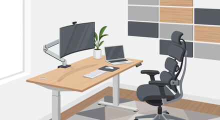 Naklejka premium Modern Home Office Workspace with Ergonomic Chair Design Concept