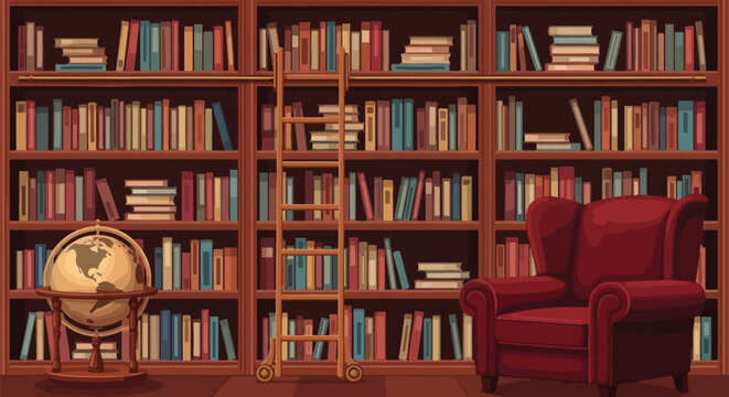 A tranquil and inviting home library scene, perfect for quiet study and immersive literary escape
