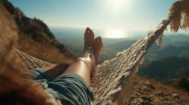 Relaxed woman lying in hammock on mountain cliff at sunset, legs and feet close up with scenic coastline and sea view in soft warm light.