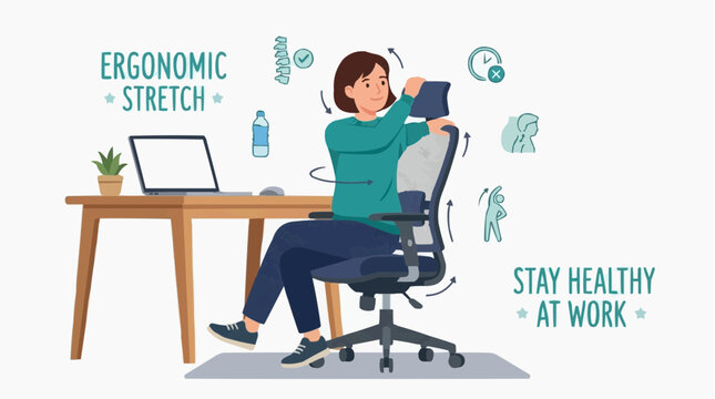 A person doing neck exercise at office. She is sitting in a ergonomic chair, stay healthy at work. 